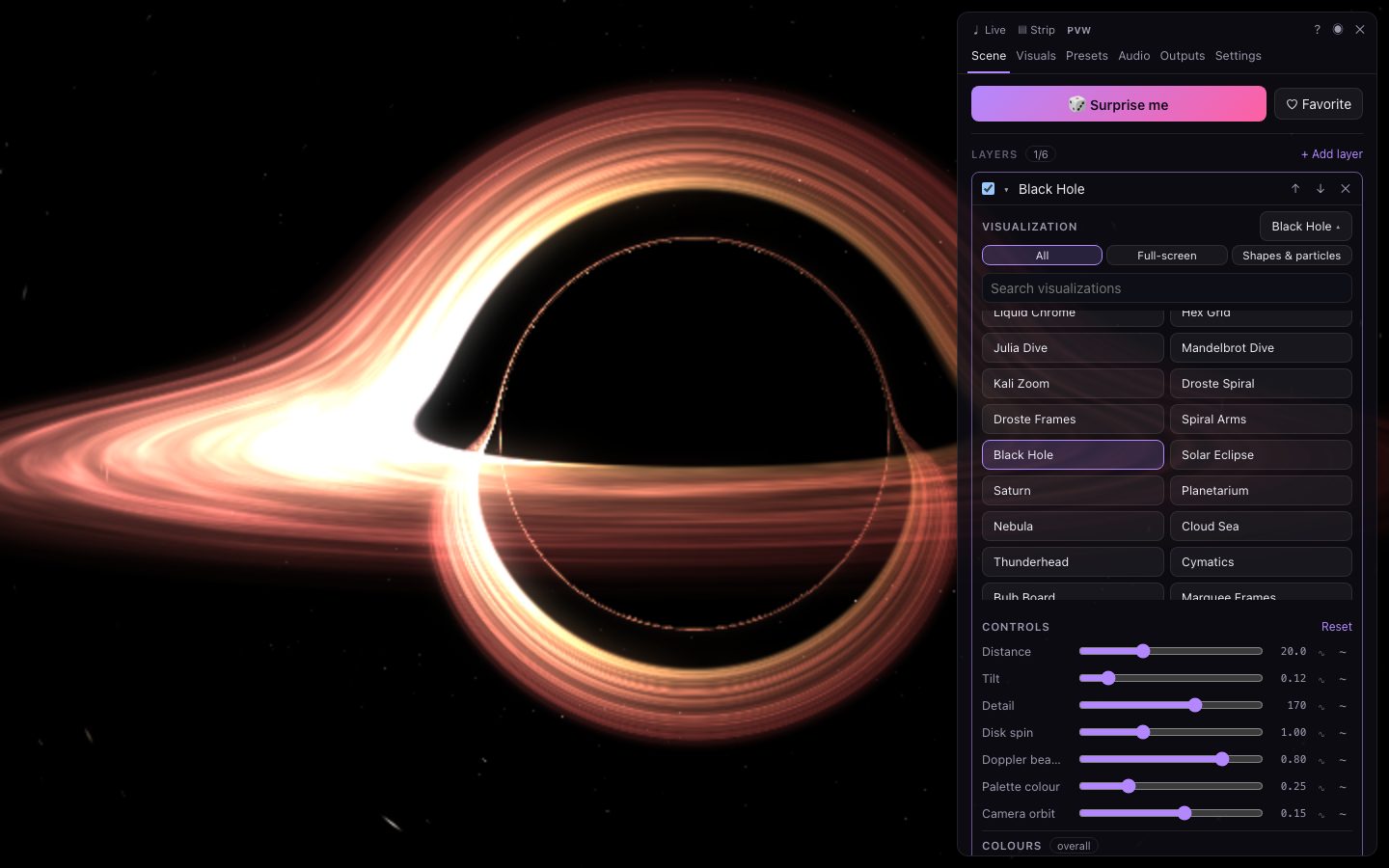 Glowtrope showing a ray-traced black hole, with the control panel on the right