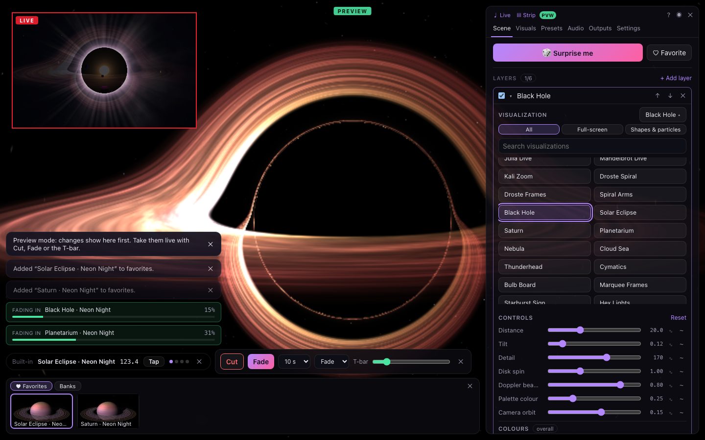 Preview mode: the preview fills the window, live is in the red-framed corner monitor, two fades are running, and the Live pane, switcher and favorites strip sit along the bottom