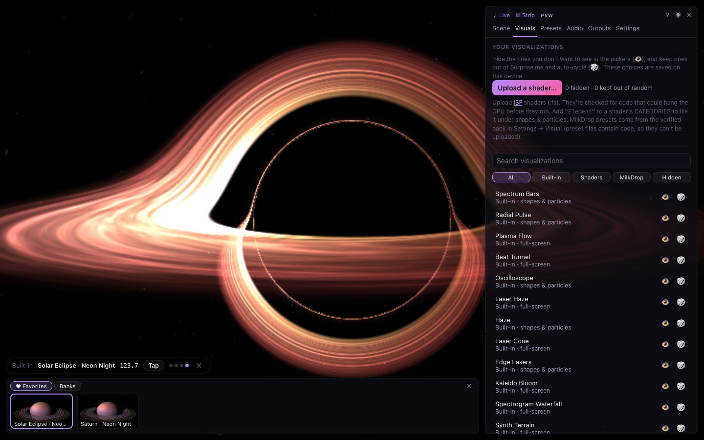 The Visuals tab, listing visualizations with hide and random switches